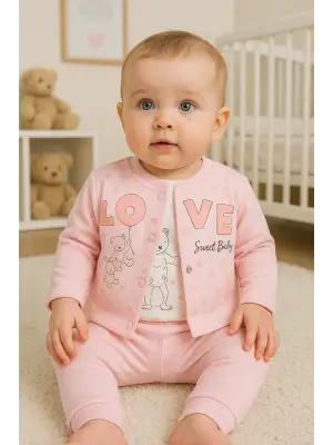 Love Tavşan Desenli Kol Detaylı 3lü Hırkalı Kız Bebek Takım
