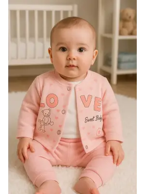 Love Tavşan Desenli Kol Detaylı 3lü Hırkalı Kız Bebek Takım