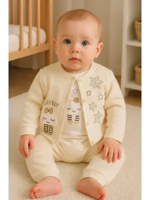 Lovely Yıldız Desenli 3lü Hırkalı Kız Bebek Takım