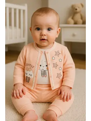 Lovely Yıldız Desenli 3lü Hırkalı Kız Bebek Takım