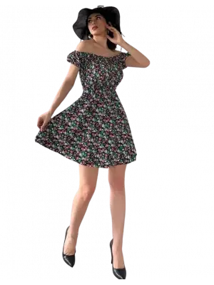 Çiçek Desenli Madonna Yaka Elbise