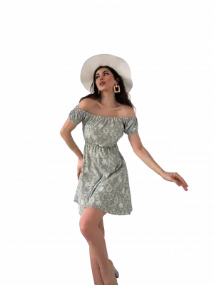 Etkileyici Desenli Madonna Yaka Elbise