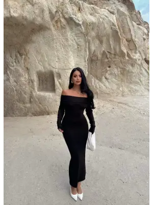 Madonna yaka esnek kumaş elbise siyah