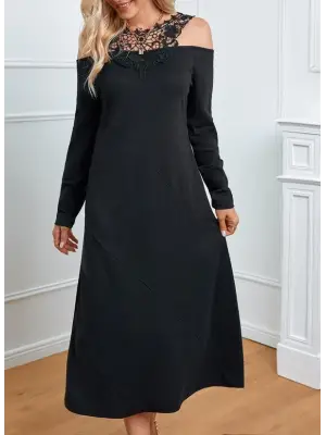 Omarı Güpürlü Madonna Yaka Kadın Midi Boy Elbise