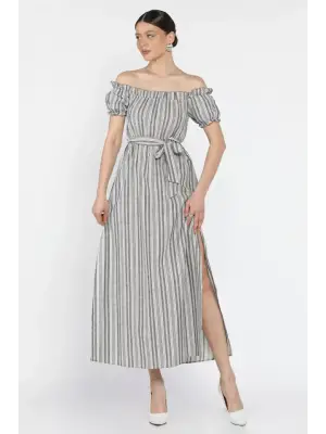 Modern Midi Yırtmaçlı Keten Elbise