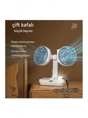 Masaüstü Dijital Ekranlı Çift Fanlı Led Işıklı Soğutucu Fan Ev Ofis Şarjlı Vantilatör