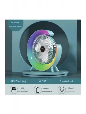 Masaüstü Vantilatör Usb Şarjlı Rgb Led Işıklı 3 Kademeli 180° Ayarlanabilir Soğutucu Fan Mavi