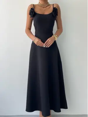 Omarı Gül Desenli İp Askılı Elbise