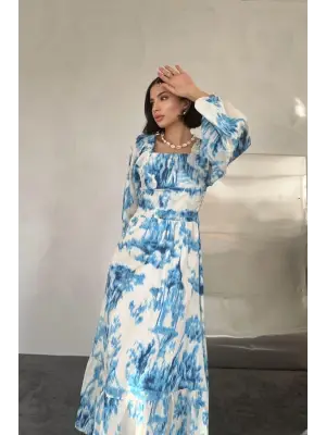 Omarı Mavi Uzun Elbise Gipeli Arkası Işıltılı