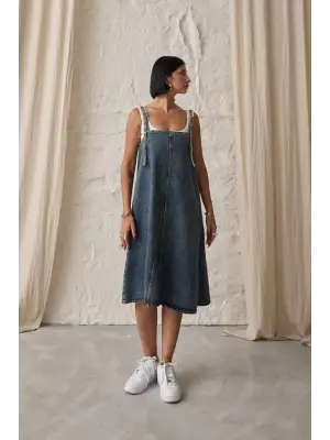 Omarı Askı Aparatlı Kot Elbise - Mavi Stil