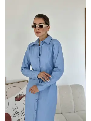 Mavi Boydan Düğmeli Deri Elbise