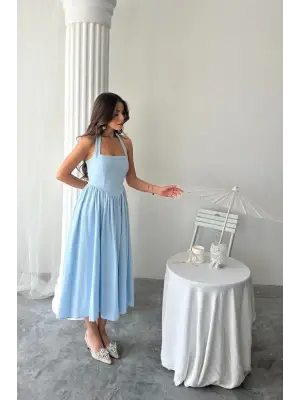 Mavi Boyundan Bağlamalı Keten Elbise