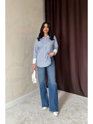 Omarı Mavi Çizgili Uzun Kol Gömlek