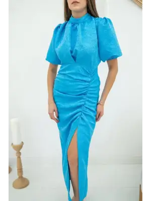 Omarı Mavi Jakarlı Desenli Elbise