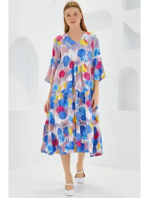 Mavi Kırmızı Desenli Kısa Kol Viskon Elbise 1959
