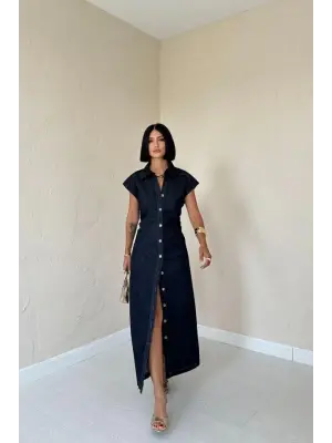 Omarı Şık Mavi Kolsuz Elbise