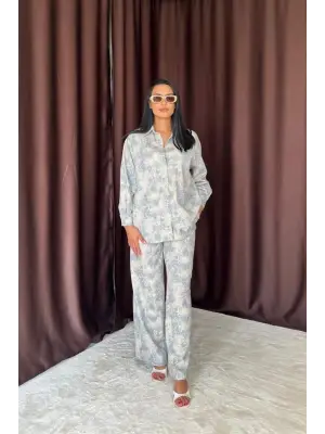 Mavi Leopar Desenli Ceket Ve Pantolon Keten Takım