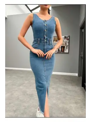 Mavi Likralı Kot Jile Elbise