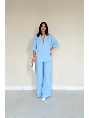 Mavi Önü Tek Düğmeli Ceket Pantolon Takım