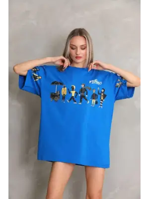 Omarı Mavi Oversize Baskılı Unisex Bisiklet Yaka T-Shirt
