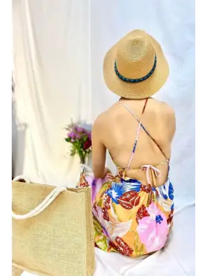 Omarı Mavi Sırt Dekolteli Keten Elbise - Yazın Trendi