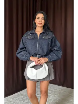 Şık Mavi Taşlı Kısa Kot Ceket