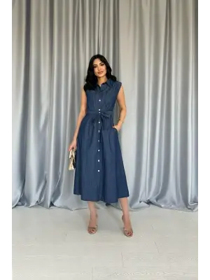Omarı Mavi Çıtçıtlı Elbise