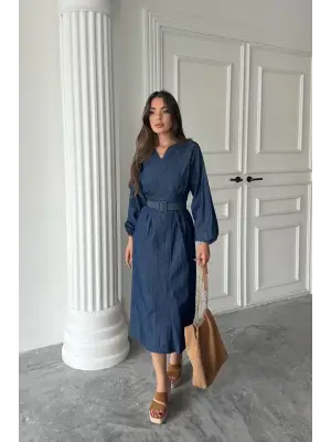 Omarı Şık Uzun Kollu Mavi Elbise