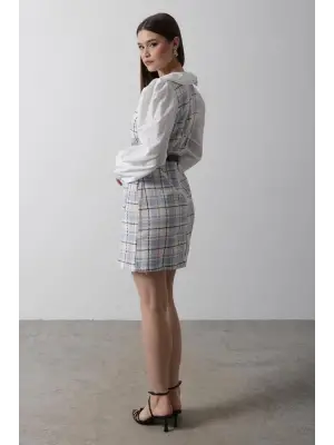 Omarı Detaylı Ekoseli Elbise - Mavi