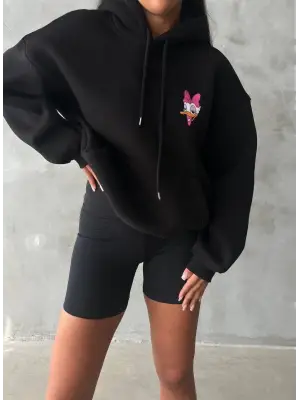 Omarı Oversize Ördek Baskılı Sweat Siyah