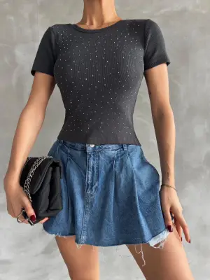 Omarı Taşlı Antrasit Bluz