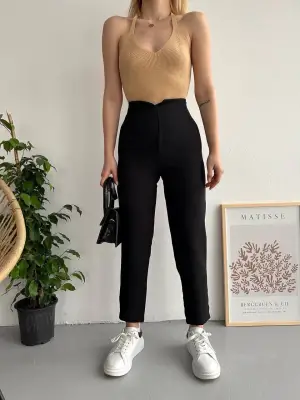 Omarı Siyah Atlas Fletolu Pantolon