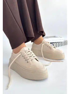 Omarı Aşk Dolu Bej Keten Bağcıklı Sneaker