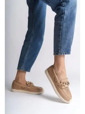 Omarı Çiçek Desenli Rahat Tabanlı Bayan Babet Ayakkabı - Ten