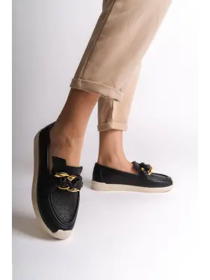 Omarı Çiçek Desenli Rahat Tabaan Siyah Babet Ayakkabı