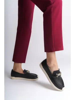 Omarı Çiçek Desenli Rahat Tabaan Bayan Babet Ayakkabı Siyah