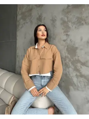 Omarı Çift Renkli Kısa Gömlek Vizon ve Beyaz - Trendy Stil