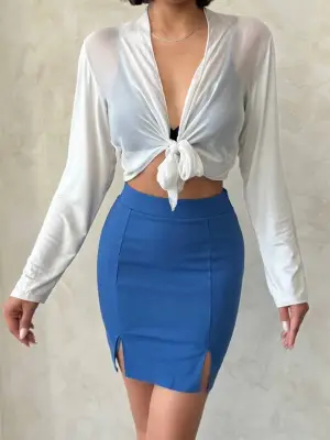 Omarı Çift Yırtmaçlı İndigo Etek