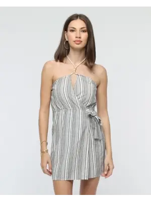 Omarı Keten Elbise - Kuşaklı Çizgili Mini Elbise
