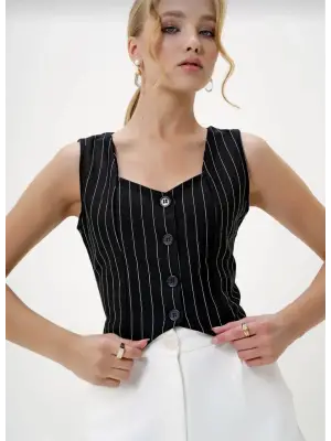 Omarı Şık Çizgili Krep Yelek - Siyah
