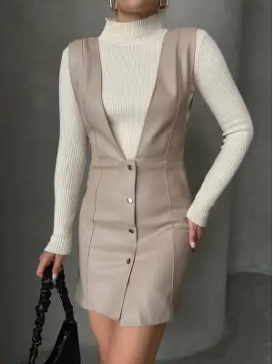 Omarı Deri Jile Elbise Bej, Şık ve Trendy Stil için Ideal Seçim