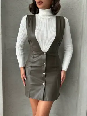 Omarı Zarif Deri Jile Elbise Haki