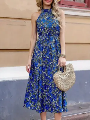 Omarı Desenli Maxi Uzun Elbise