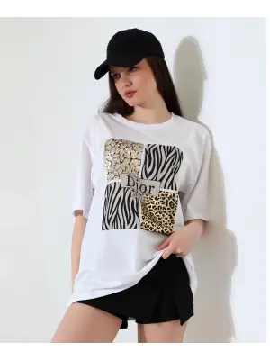 Omarı Şık Desenli Oversize Tişört