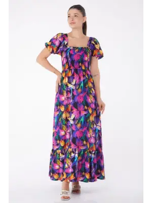 Omarı Fuşya Gipeli Kısa Kollu Elbise