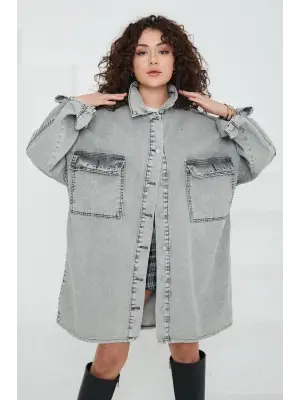 Omarı Gri Kuş Gözü Detaylı Kadın Kot Ceket