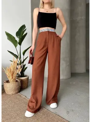 Omarı Yüksek Bel Flamlı Kahve Pantolon