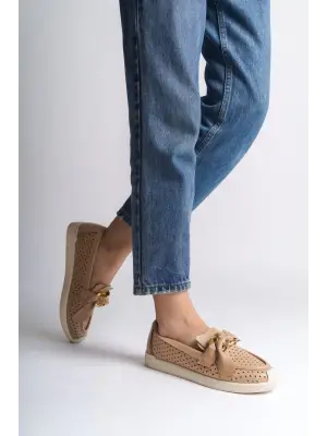 Omarı Kalp Desenli Rahat Taban Bayan Babet Ayakkabı - Ten