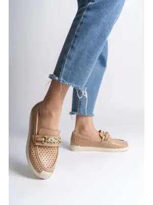 Omarı Rahat Tabanlı Kalp Desenli Bayan Babet Ayakkabı - Ten