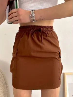 Omarı İnce Paraşüt Etek - Kahve Renkli Hafif Kargo Cep Detayıyla